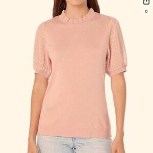 Adrianna Papell Women's Clip Dot Puff Sleeve Blouse Top Crewneck Pink Size M